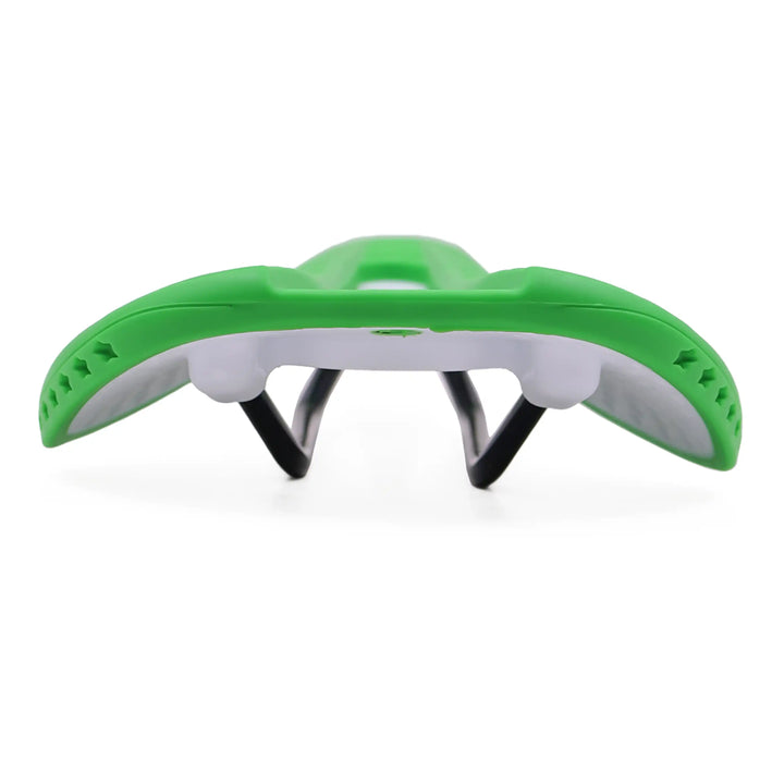 back view of green VeloHive saddle on a white background 
