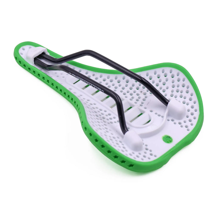 bottom view of a green VeloHive bicycle saddle on a white background 