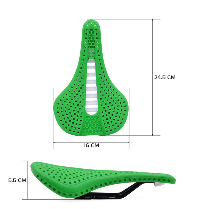 Green VeloHive bicycle saddle with measurements on a white background