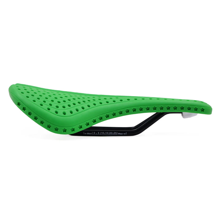 side view of green VeloHive bicycle saddle  on a white background 