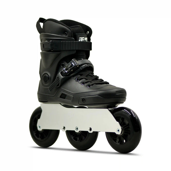 Black inline skate with white deck on a white background