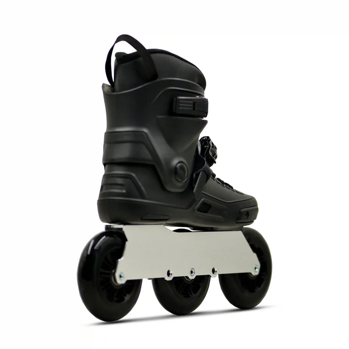 back angle view of Black inline skate on a white background