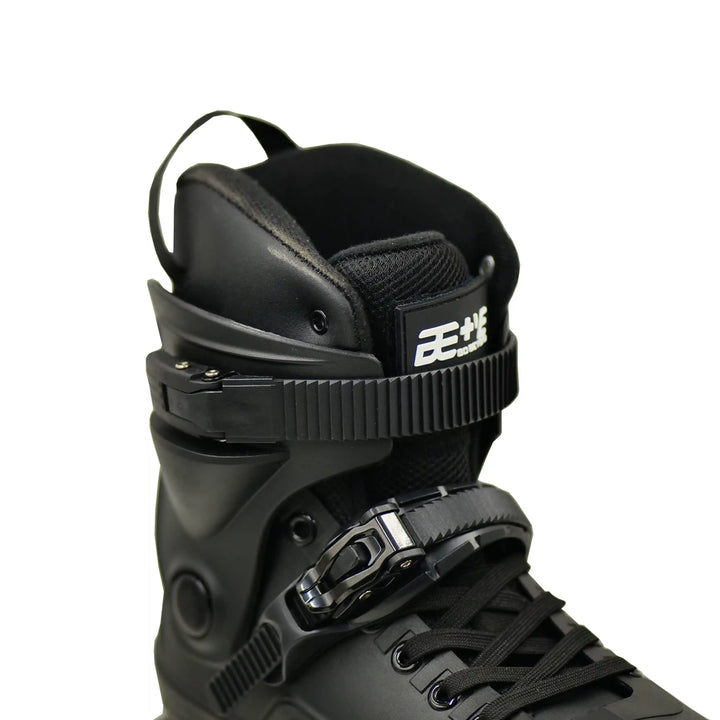 Black inline skate boot with visible brand logo on a white background