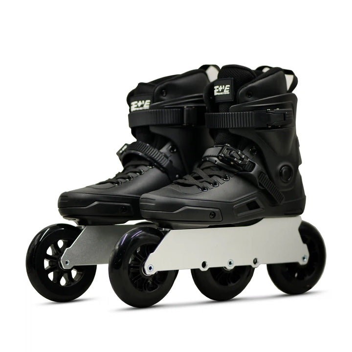 angle view of pair of Black inline skates with Black wheels on a white background