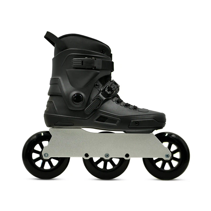 side view of Black inline skate on a white background