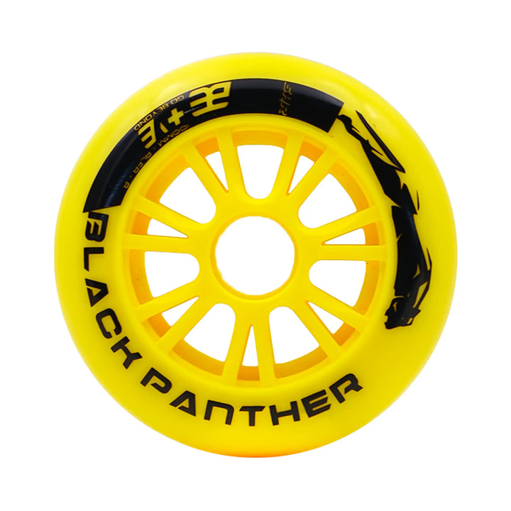 Yellow wheel with black Panther branding on a white background