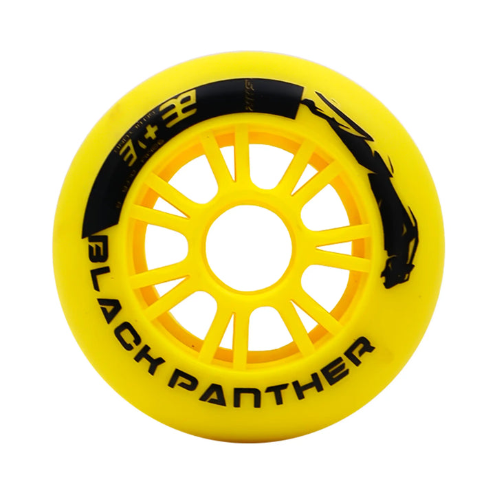 Yellow wheel with black Panther branding on a white background