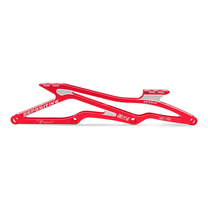Red metal suspension fork with branding on a white background