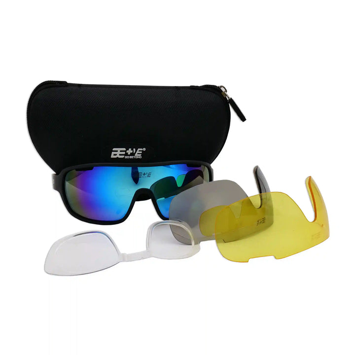 BePositive Flagstaff Sports Sunglasses set with a hard case, soft case, myopia frame, main sunglasses, and two interchangeable shades in grey and yellow.
