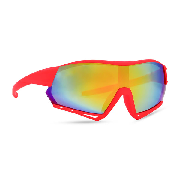 Red sunglasses with colorful lenses on a white background