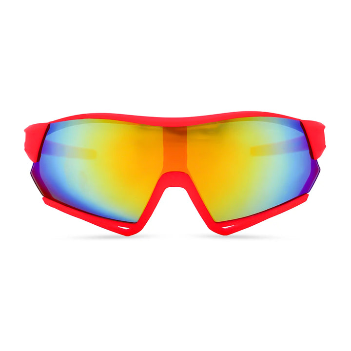 Red-framed sunglasses with multicolored lenses on a white background