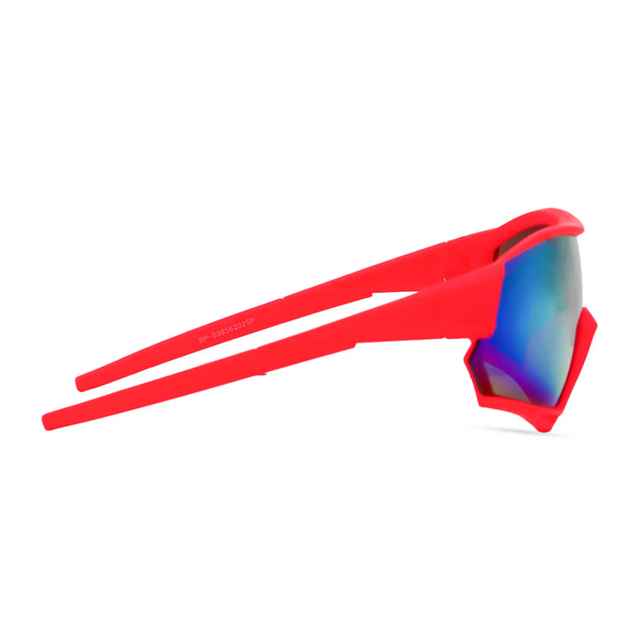 Red sunglasses with blue-tinted lenses on a white background
