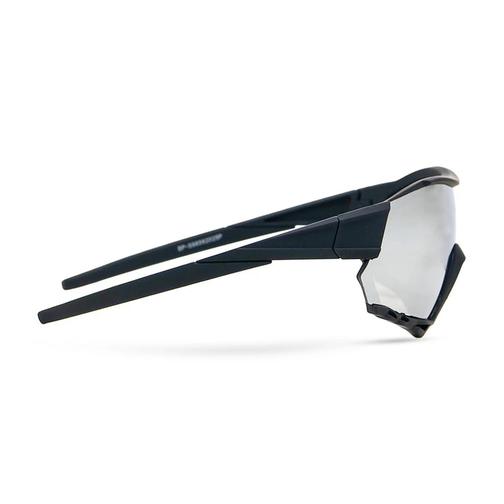 Sunglasses with black frame and reflective lenses on a white background