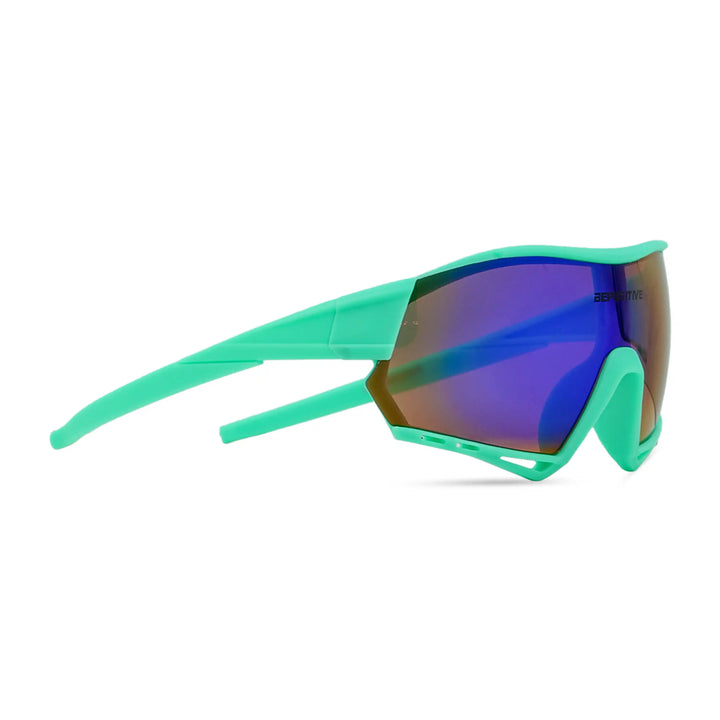 Green sunglasses with a reflective lens on a white background