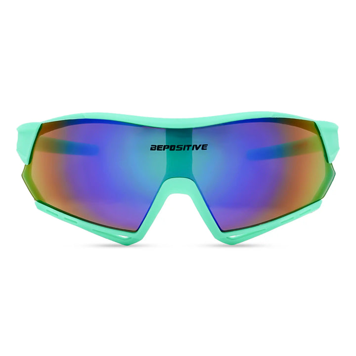Green sunglasses with reflective lenses on a white background