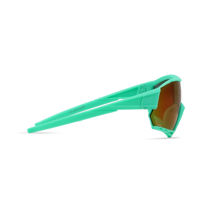 Green sunglasses with brown lenses on a white background