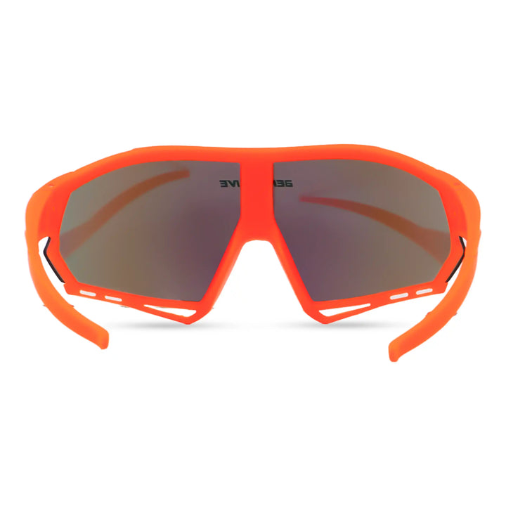 Orange sunglasses with dark lenses on a white background