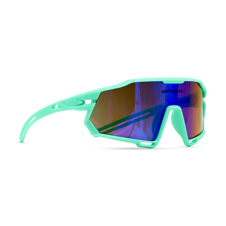 Sunglasses with teal frame and reflective lenses on a white background