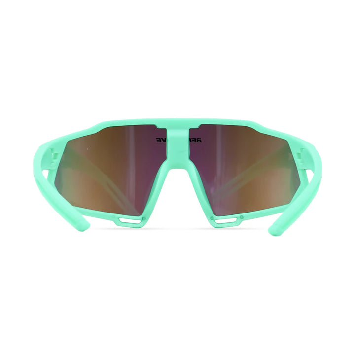 Sunglasses with turquoise frame and reflective lenses on a white background
