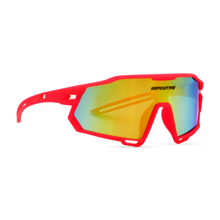 Red sunglasses with reflective lenses on a white background