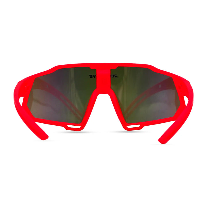 Red sunglasses with a reflective lens on a white background