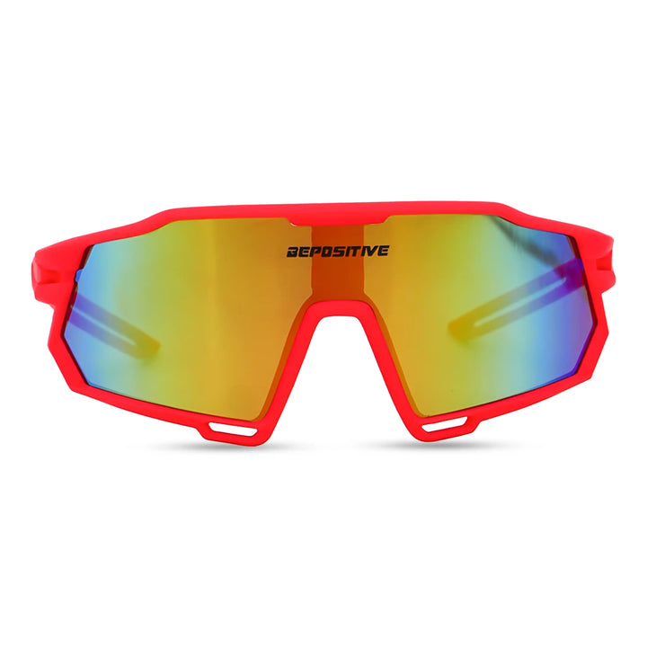 Sunglasses with red frame and multicolored lens on a white background