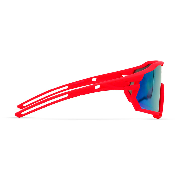 Red sunglasses with blue lenses on a white background