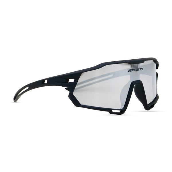 Black sunglasses with reflective lenses on a white background