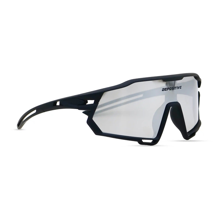 Black sunglasses with reflective lenses on a white background