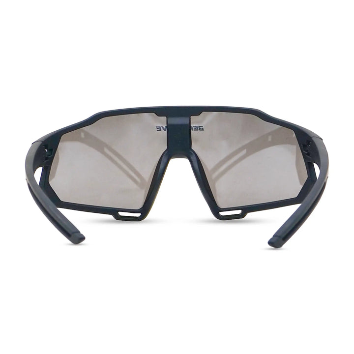 Sunglasses with a black frame and reflective lenses on a white background