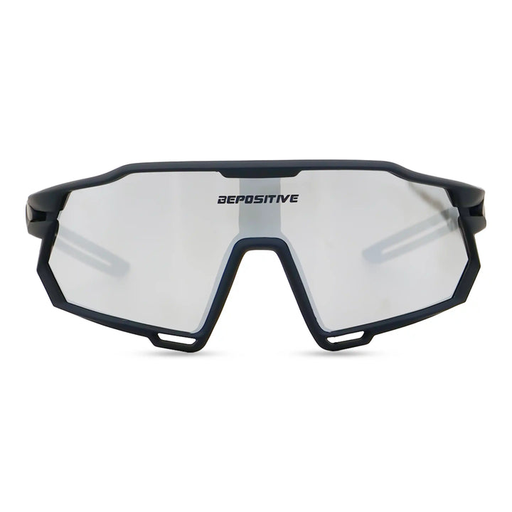 Sunglasses with black frame and reflective lenses on a white background