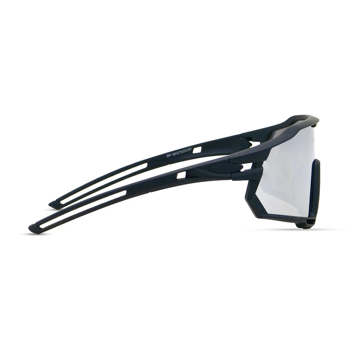 Sunglasses with black frame and reflective lenses on a white background