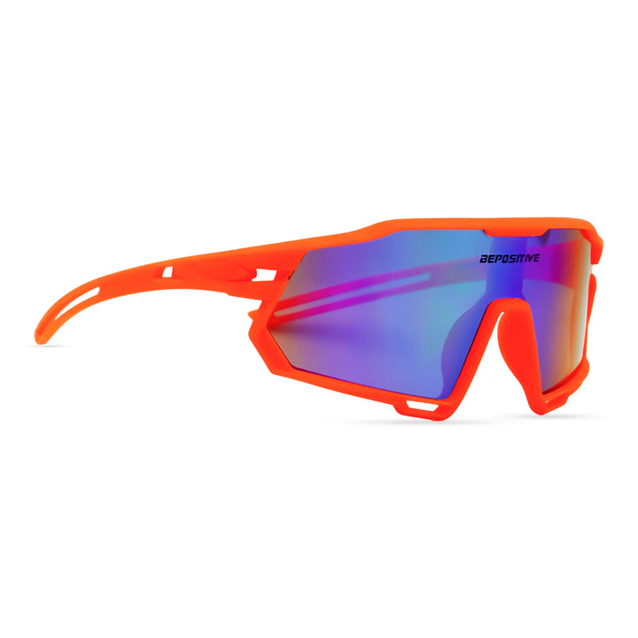 Orange sunglasses with blue reflective lenses on a white background