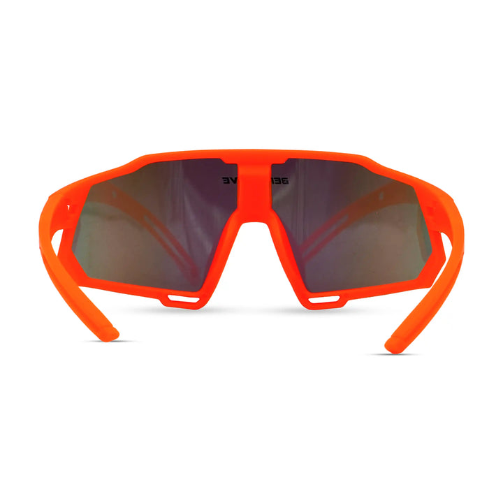 Orange sunglasses with dark lenses on a white background