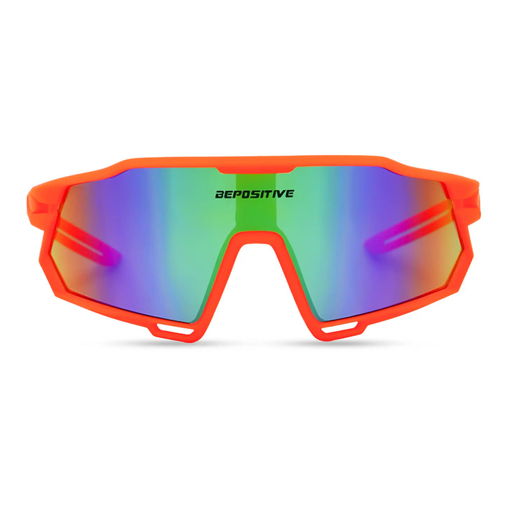 Orange sunglasses with multicolored lenses on a white background