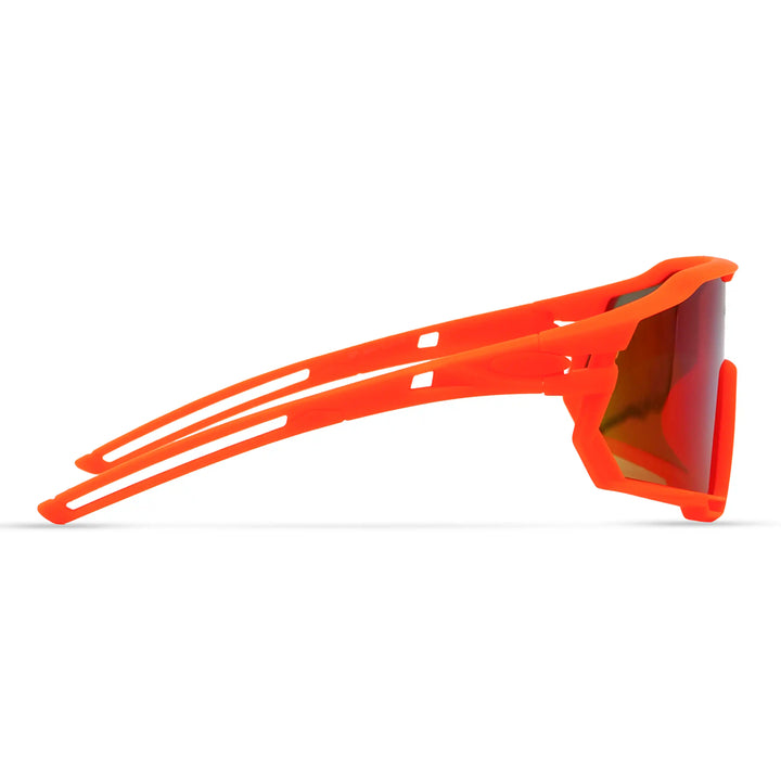 Orange sunglasses with a reflective lens on a white background
