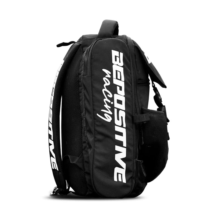 Black backpack with white text on a white background
