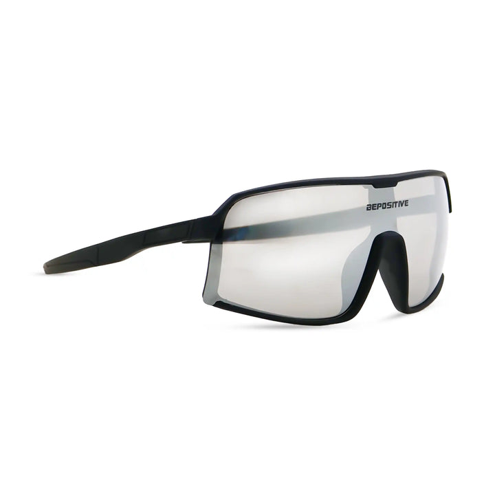 Black sunglasses with a reflective lens on a white background