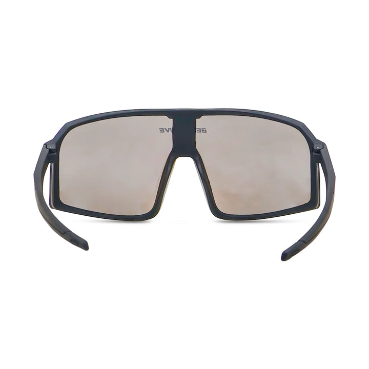 Sunglasses with black frame and reflective lenses on a white background