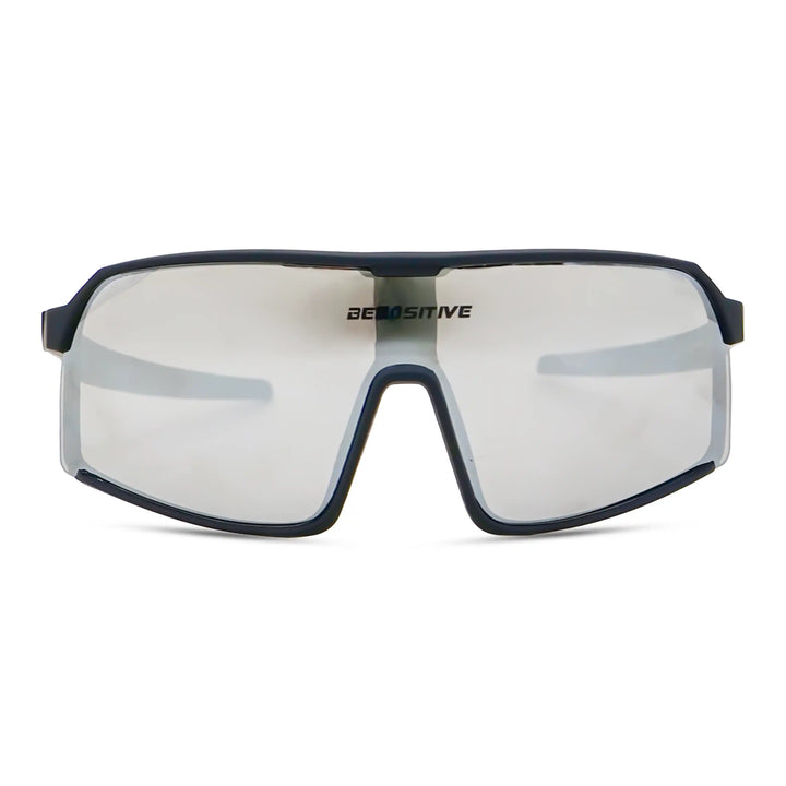 Sunglasses with a reflective lens on a white background