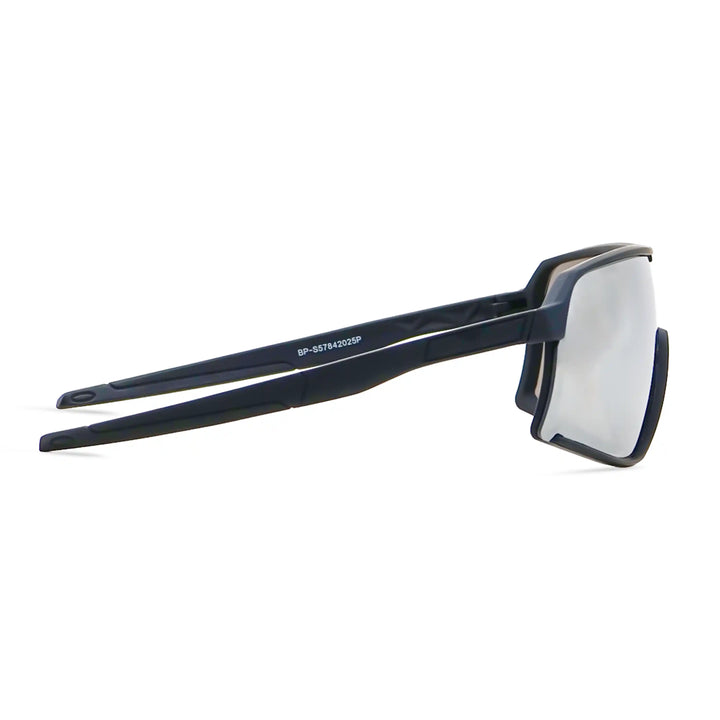 Black sunglasses with reflective lenses on a white background
