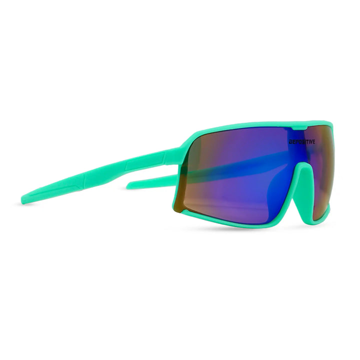 Sunglasses with green frame and blue-tinted lenses on a white background