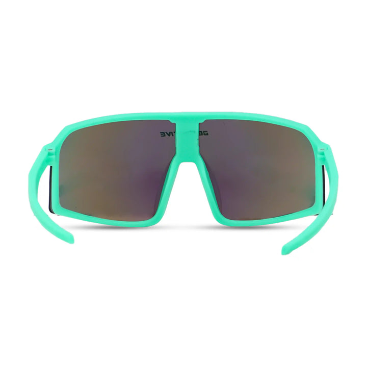 Teal sunglasses with dark lenses on a white background