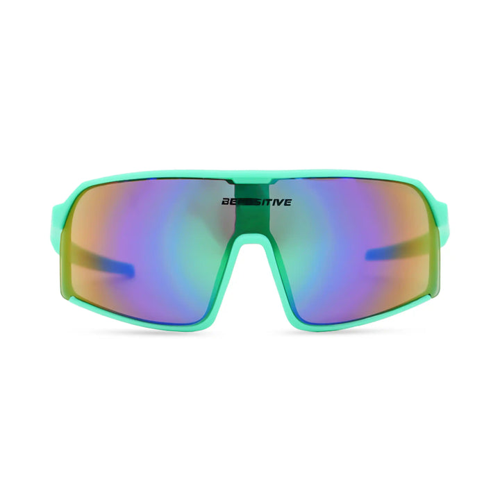 Sunglasses with green frame and multicolored lens on a white background