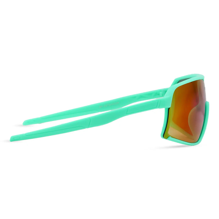 Green sunglasses with a reflective lens on a white background