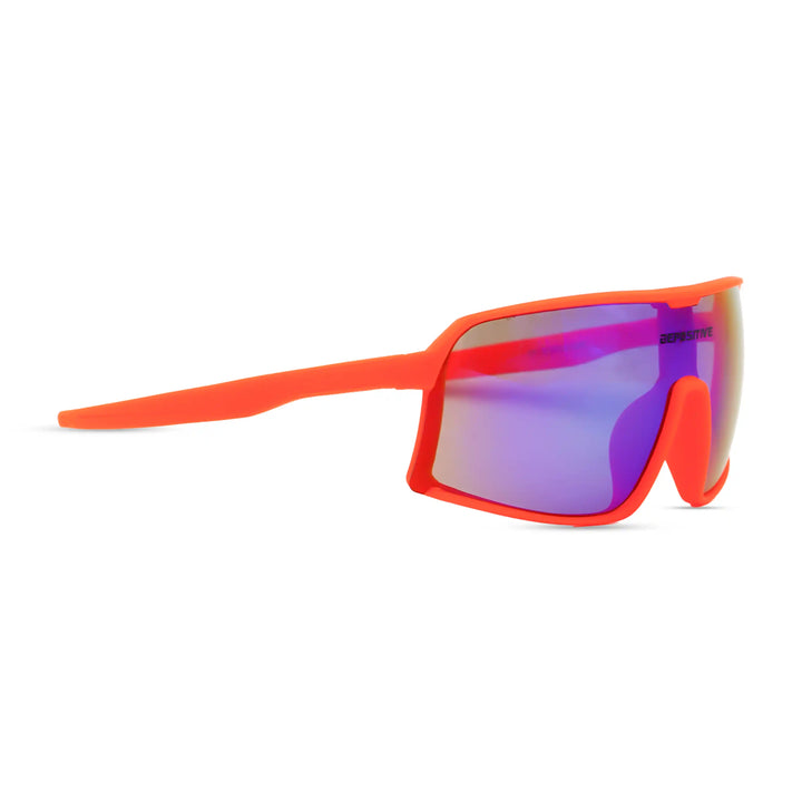 Sunglasses with orange frame and purple-tinted lenses on a white background
