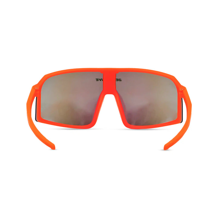 Orange sunglasses with reflective lenses on a white background