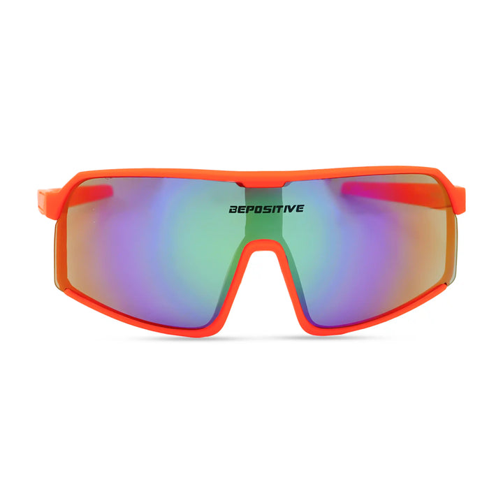 Sunglasses with orange frame and multicolored lenses on a white background