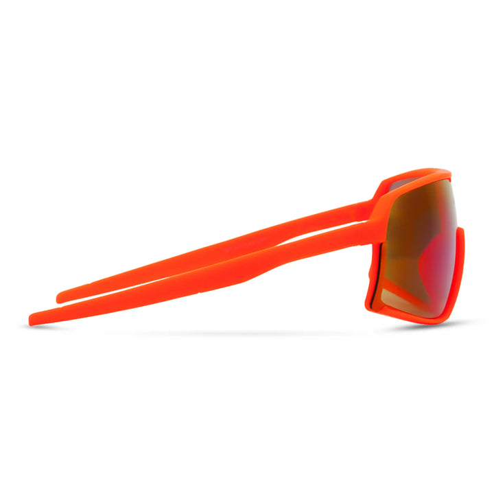 Orange sunglasses with reflective lenses on a white background