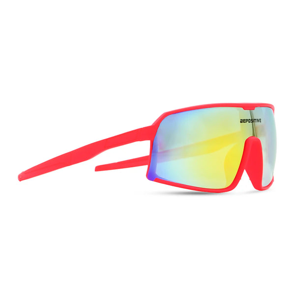 Red sunglasses with colorful reflective lenses on a white background
